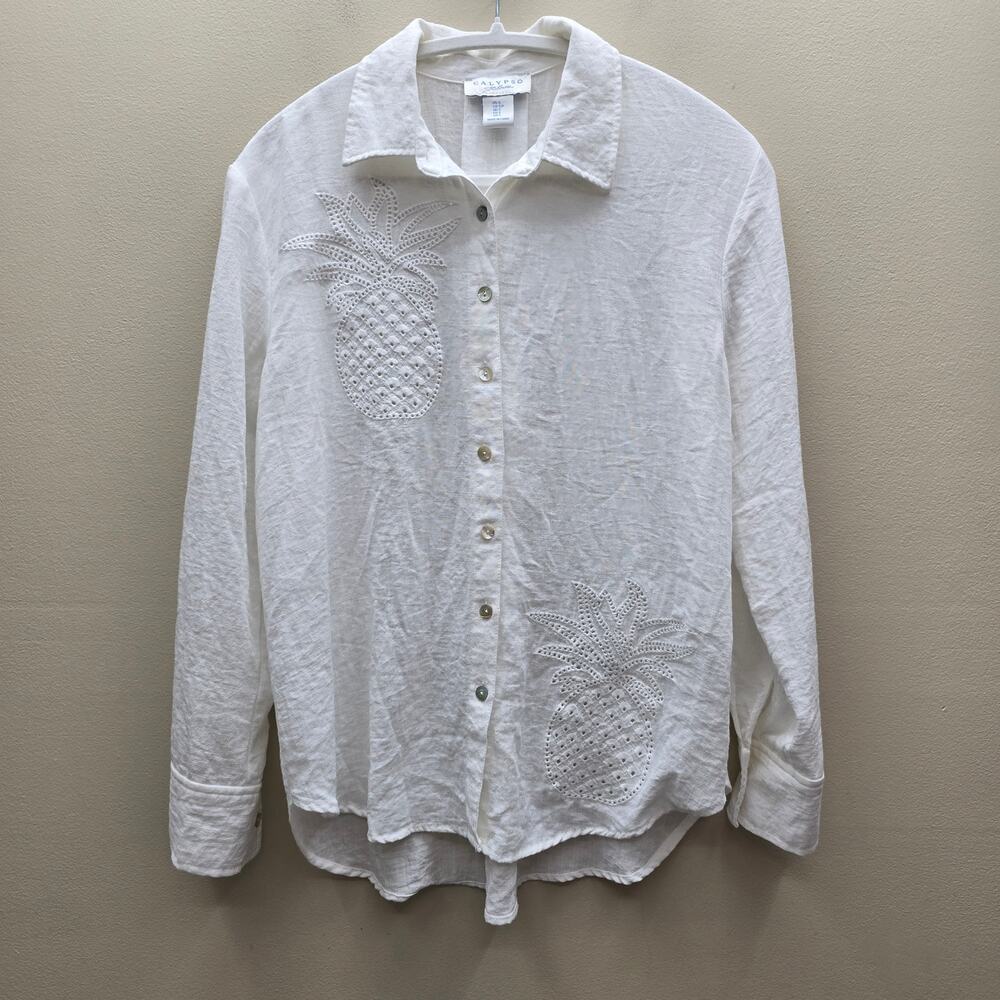 Calypso St. Barth Pineapple Eyelet Embroidered Button Down Shirt White SZ Small